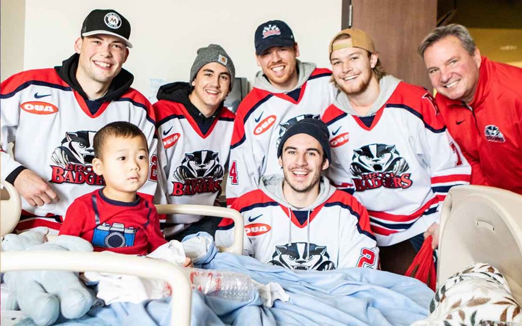 Members of the Brock men’s hockey team, including head coach Marty Williamson spent time visiting the children’s health unit at the St. Catharines hospital. 