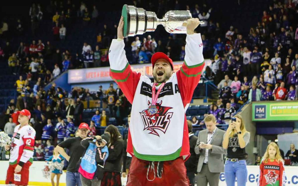 Joey Martin with EIHL championship trophy