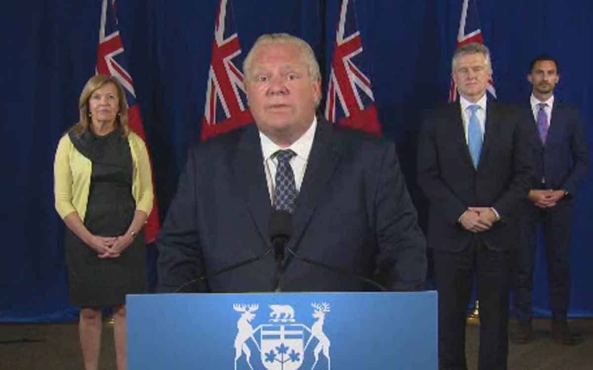 premier ford and ministers at stage press conference