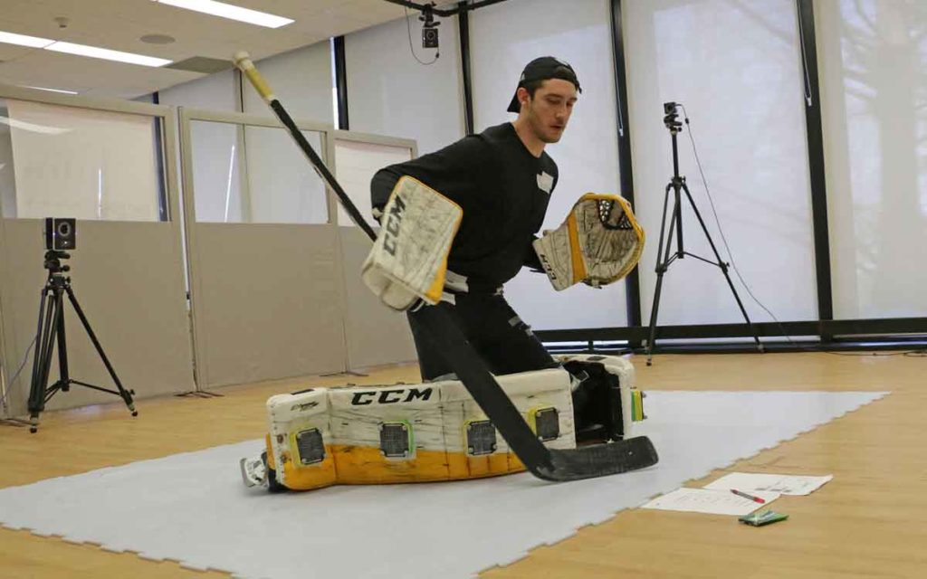 Colin Dunne as he performs a goaltending move as part of a kinesiology research study.