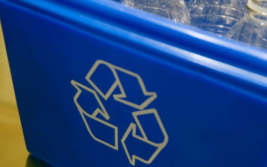 plastic bottles in a recycling bin.