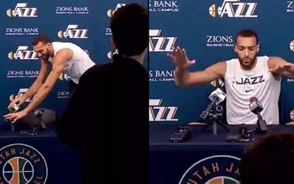 Rudy Gobert touching all the microphones